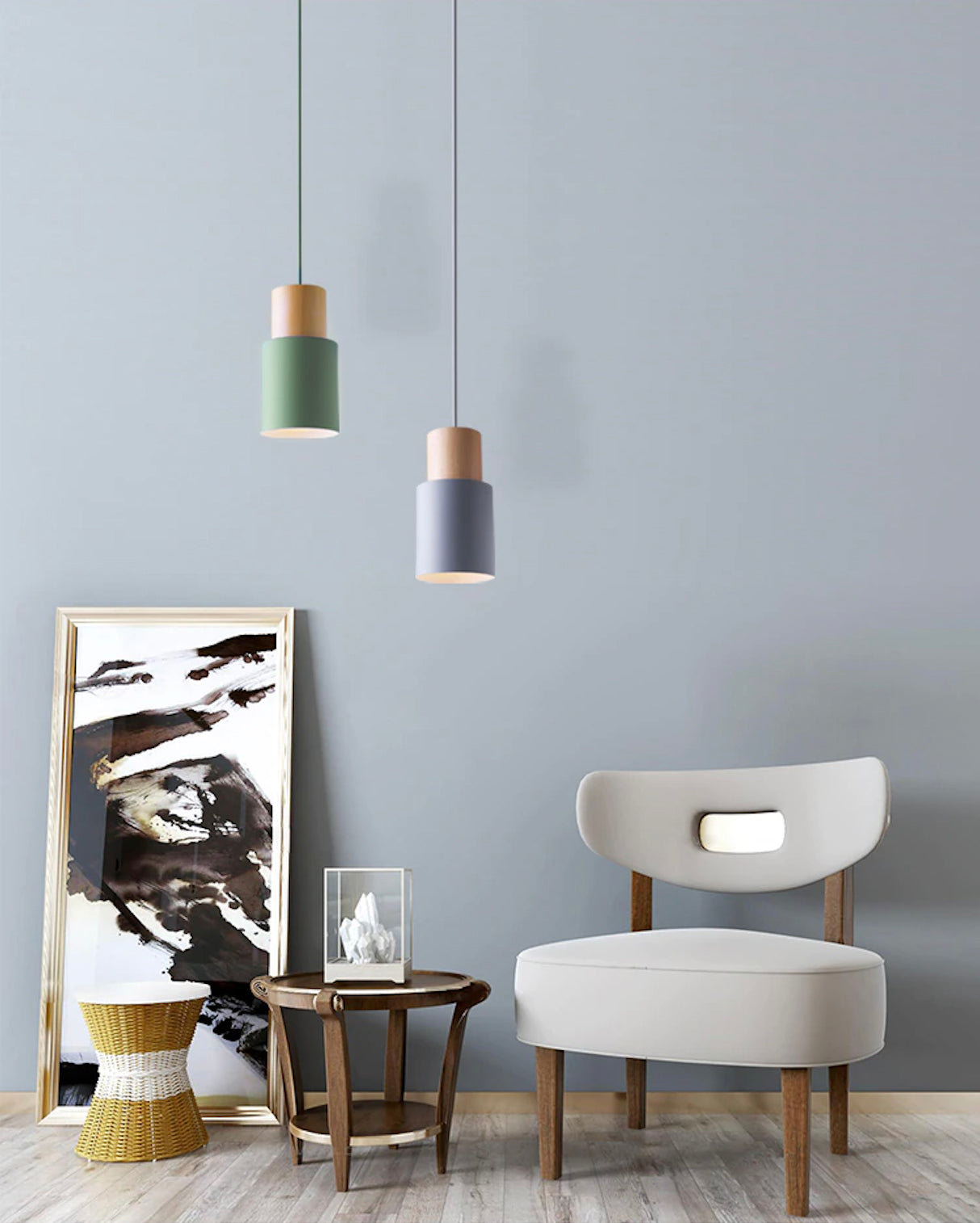 Aurelo Wood & Metal Cylinder Pendant Light Brushed Nickel