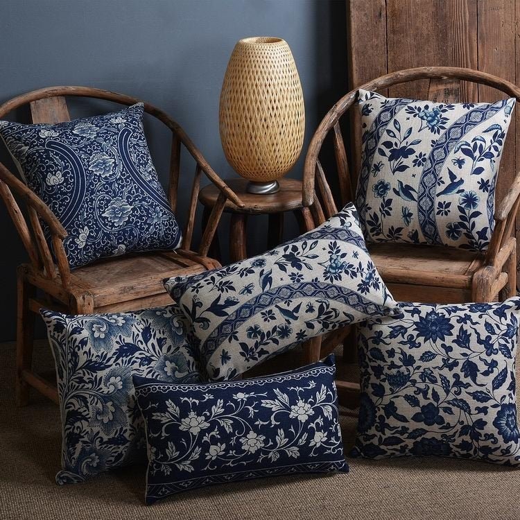 Azure Scroll Pillowcase With Traditional Porcelain Pattern In Linen Cotton Blend