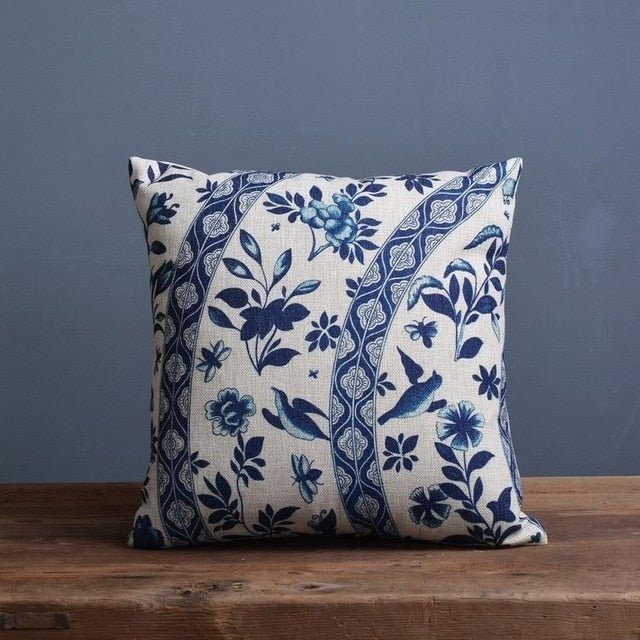 Azure Scroll Pillowcase With Traditional Porcelain Pattern In Linen Cotton Blend