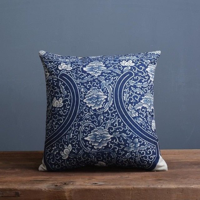 Azure Scroll Pillowcase With Traditional Porcelain Pattern In Linen Cotton Blend