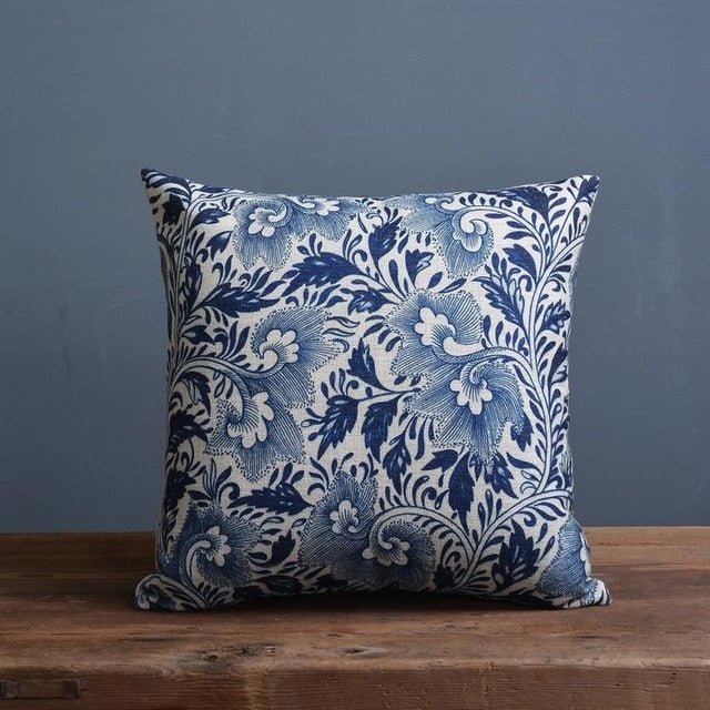 Azure Scroll Pillowcase With Traditional Porcelain Pattern In Linen Cotton Blend