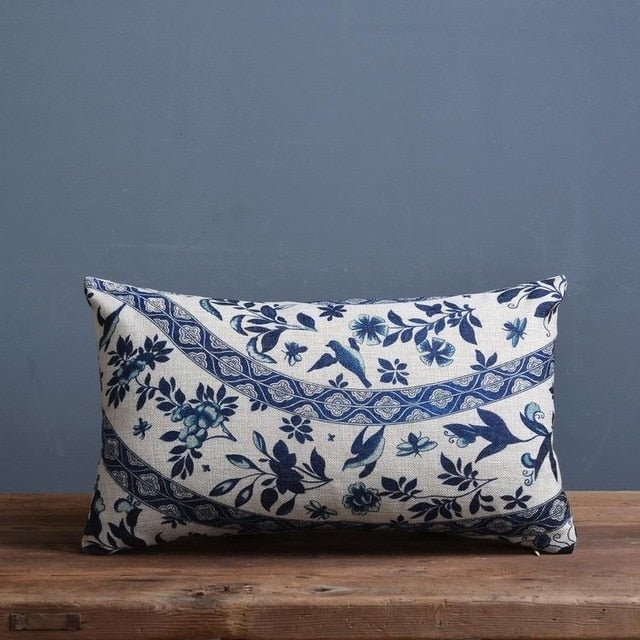 Azure Scroll Pillowcase With Traditional Porcelain Pattern In Linen Cotton Blend