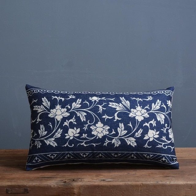 Azure Scroll Pillowcase With Traditional Porcelain Pattern In Linen Cotton Blend