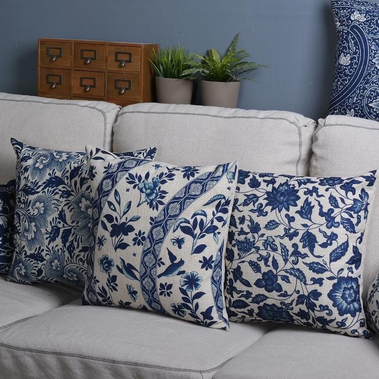 Azure Scroll Pillowcase With Traditional Porcelain Pattern In Linen Cotton Blend