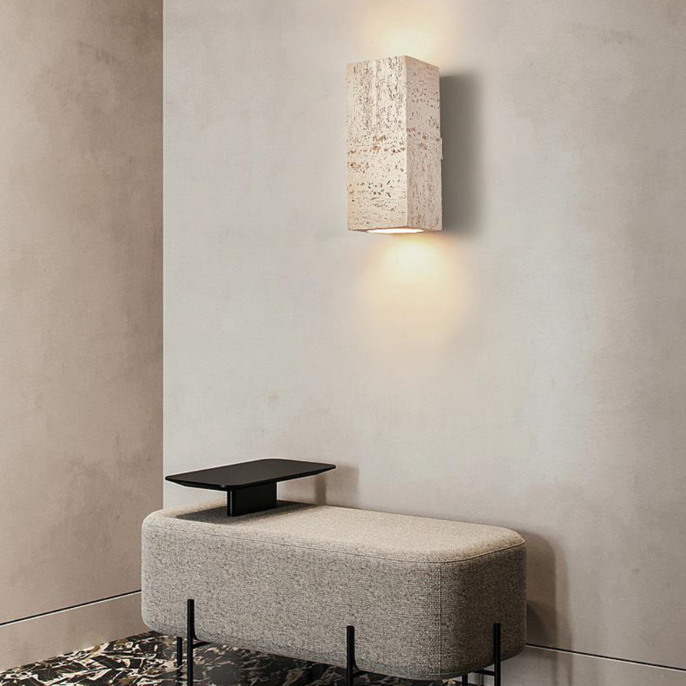 15:24 Japandi nástěnná lampa s vzhledem travertinu, cementová, obdélníková, teplé světlo, obývací pokoj, ložnice