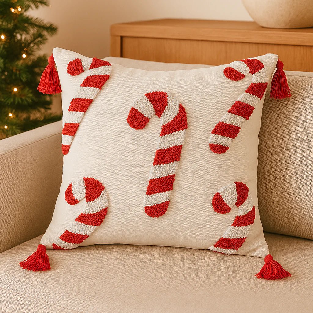 CandyHaven Festive Christmas Pillow Cover With Candy Cane Motif And Soft Polyester