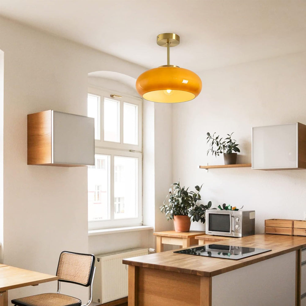Amber Glass Pendant Light With Brass Frame, Vintage Retro E27 For Dining Or Living Room
