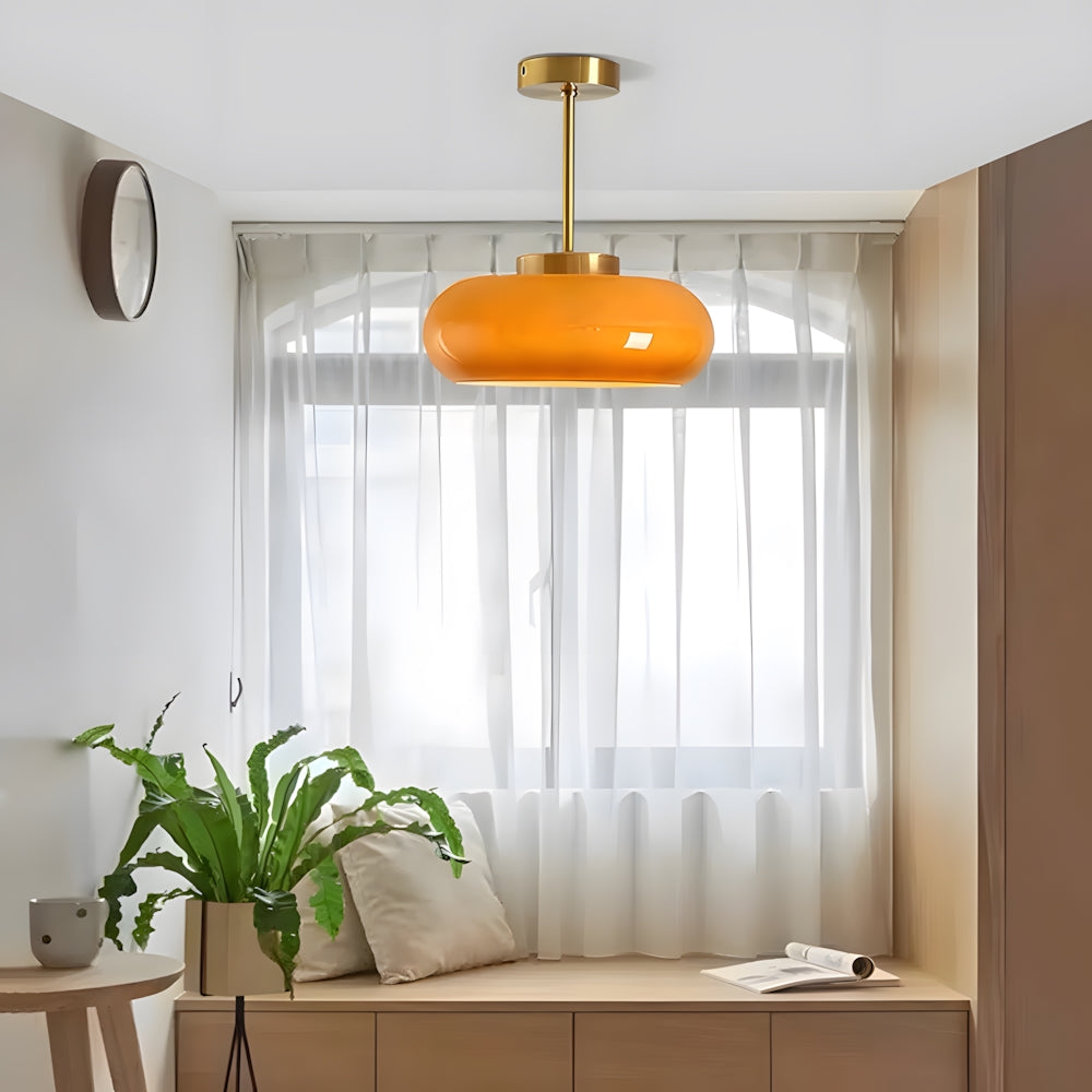 Amber Glass Pendant Light With Brass Frame, Vintage Retro E27 For Dining Or Living Room