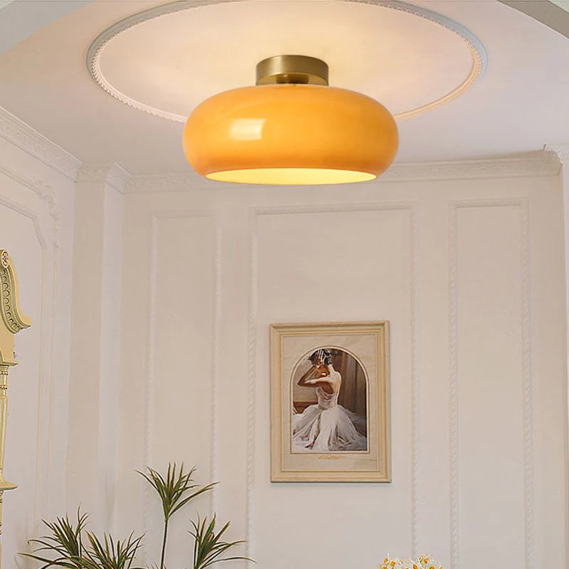 Amber Glass Pendant Light With Brass Frame, Vintage Retro E27 For Dining Or Living Room