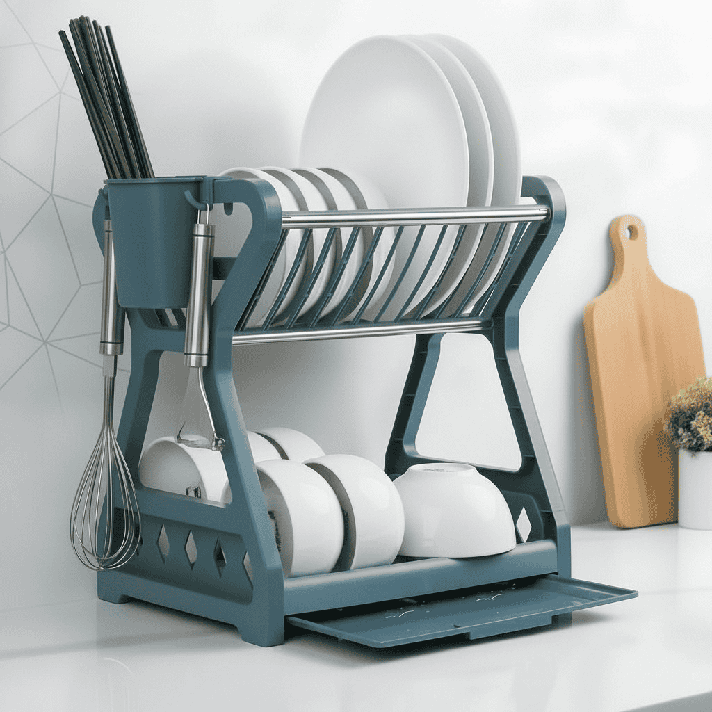 AeroDrain Sturdy 2-Tier Dish Drainer With Drip Tray And Cutlery Holder