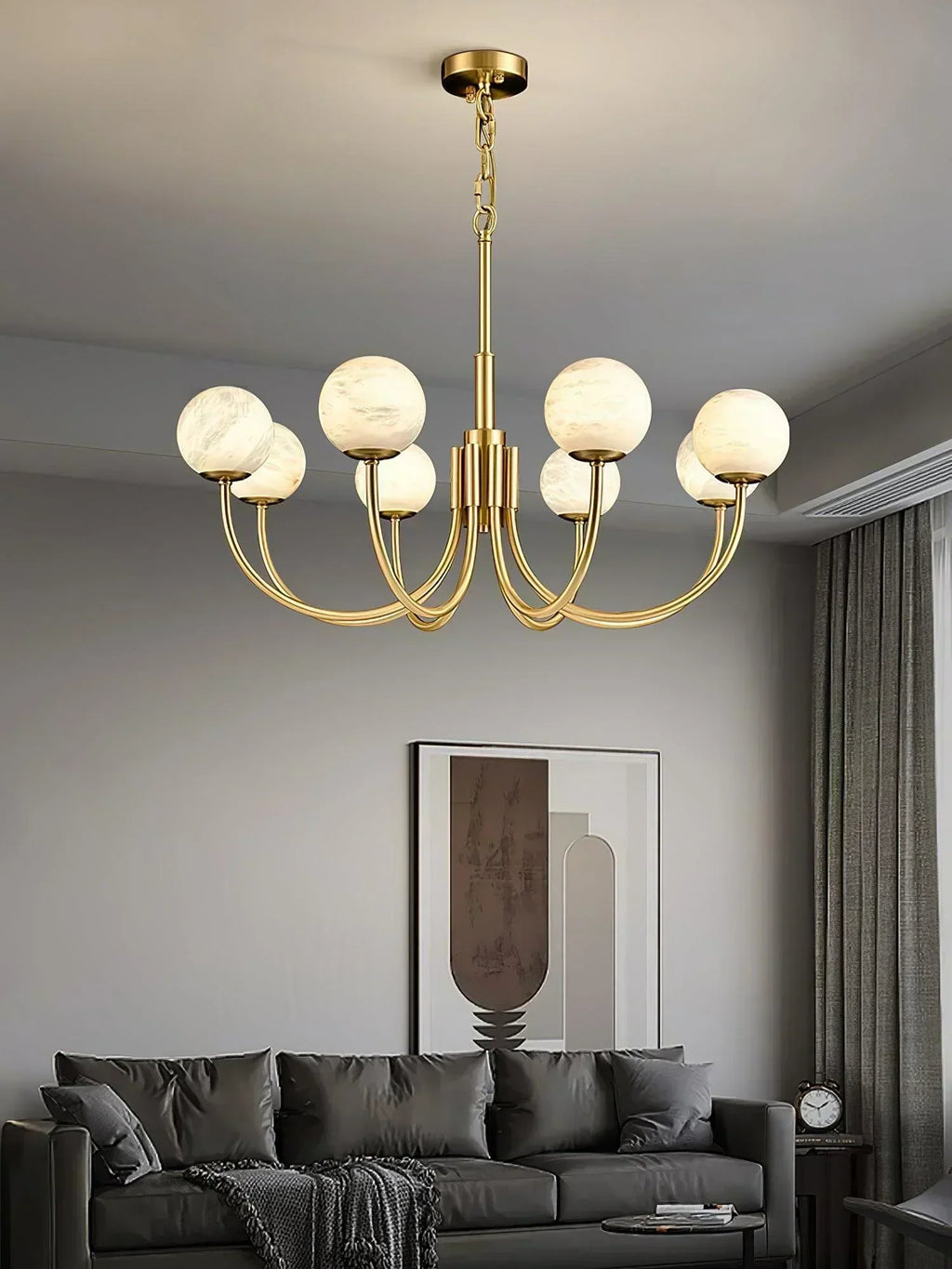NovaLume Brass Alabaster Globe Chandelier for Living Rooms