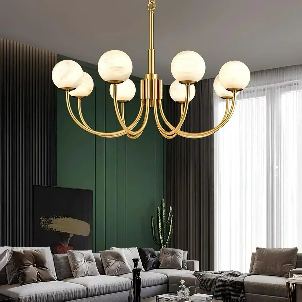 NovaLume Brass Alabaster Globe Chandelier for Living Rooms