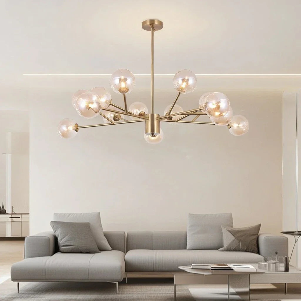 Lampadario a Bolle di Vetro Mid Century con Quindici Luci