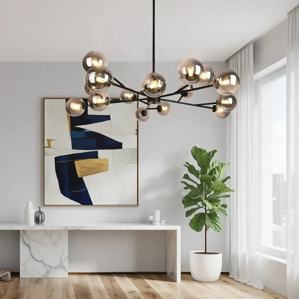 Lampadario a Bolle di Vetro Mid Century con Quindici Luci