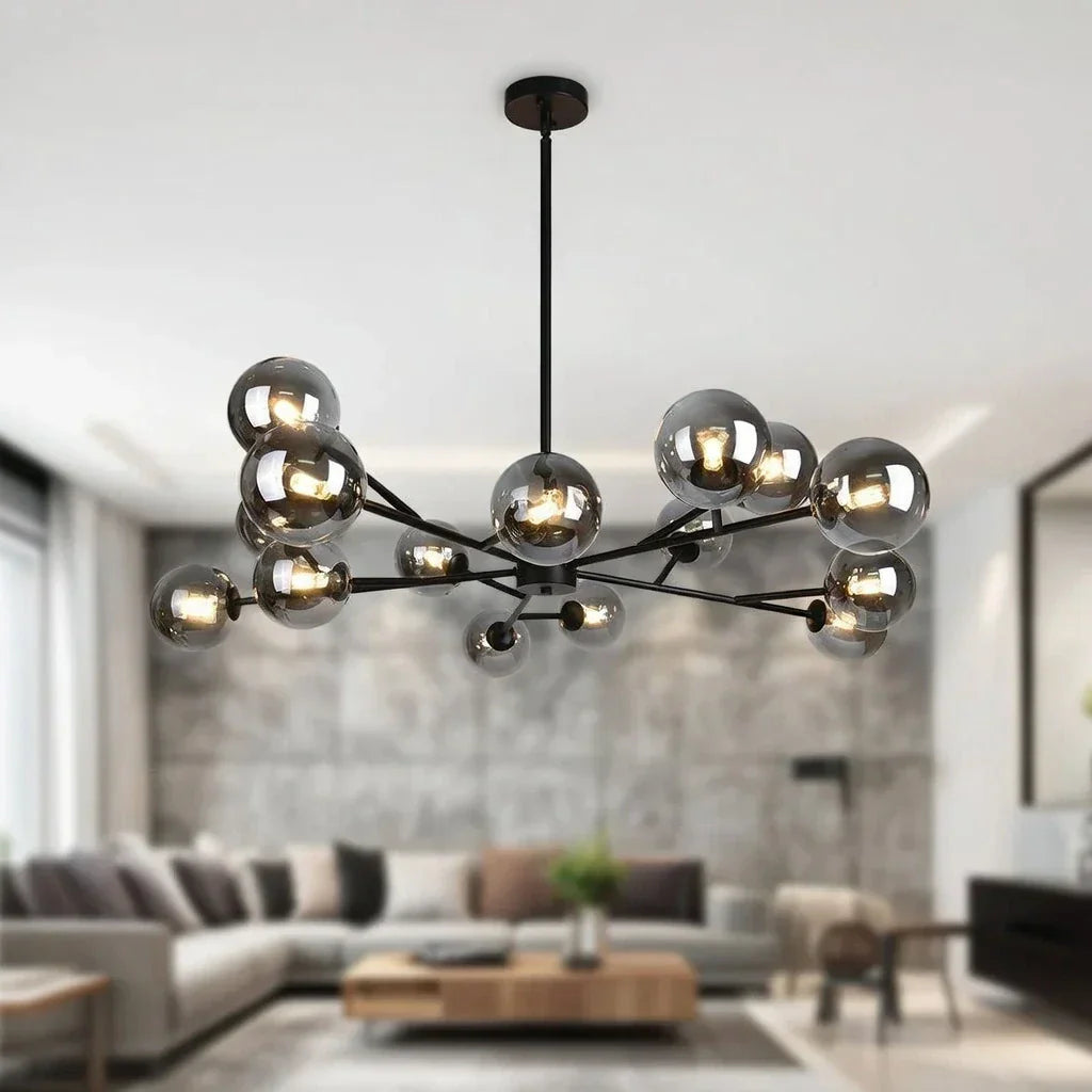Lampadario a Bolle di Vetro Mid Century con Quindici Luci
