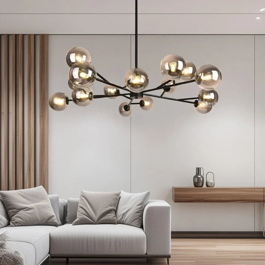 Lampadario a Bolle di Vetro Mid Century con Quindici Luci