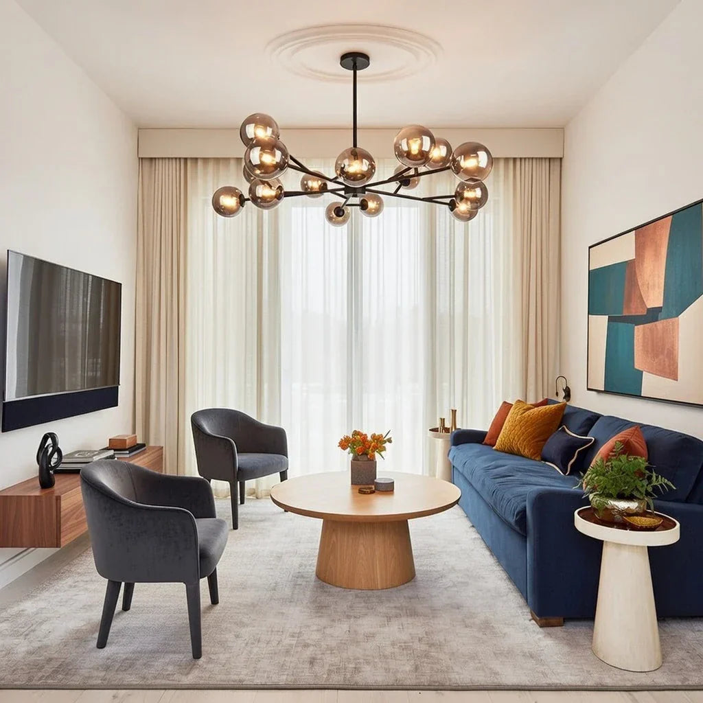 Lampadario a Bolle di Vetro Mid Century con Quindici Luci