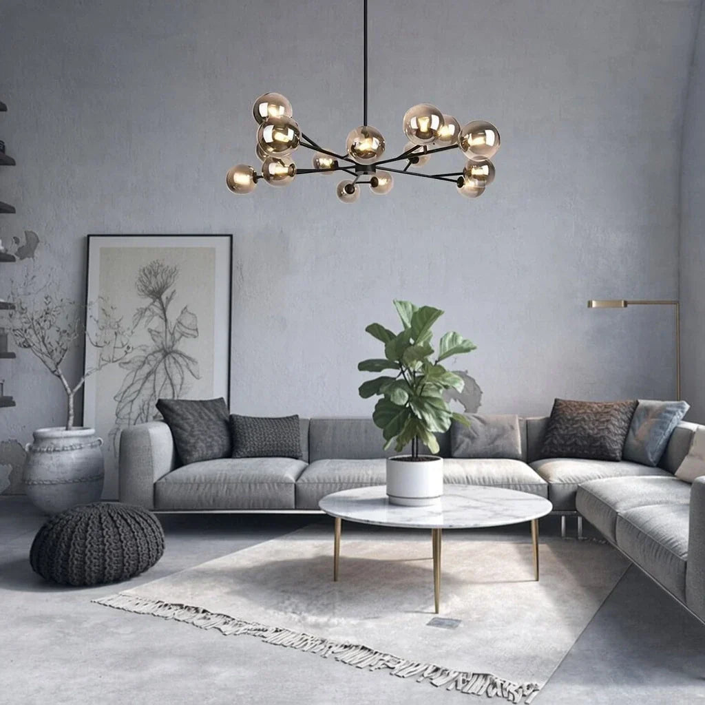 Lampadario a Bolle di Vetro Mid Century con Quindici Luci