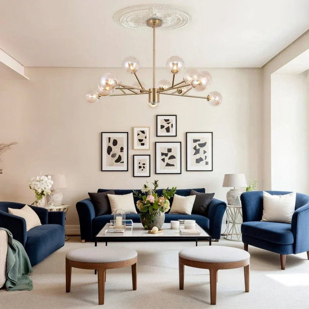 Lampadario a Bolle di Vetro Mid Century con Quindici Luci