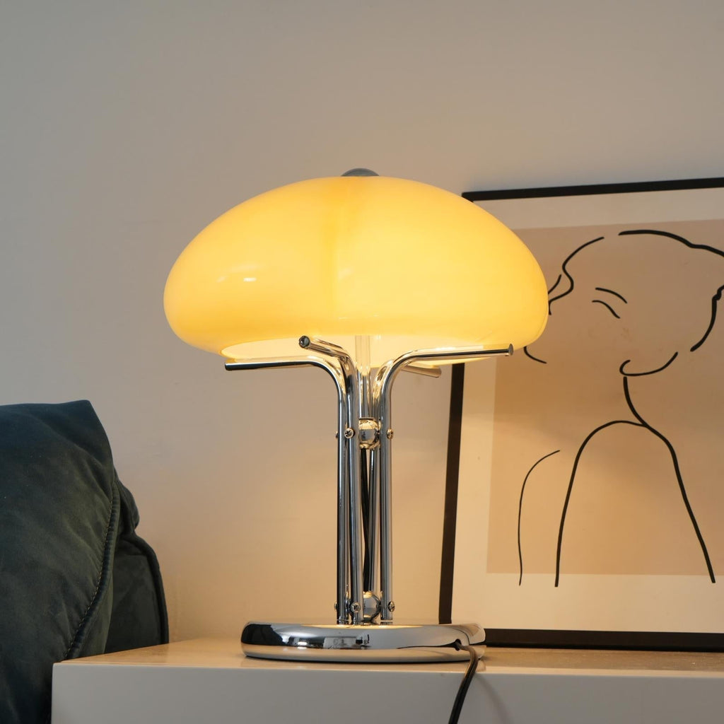 Mushroom Lamp For Tabletop In Bauhaus Style With Amber Glass Shade