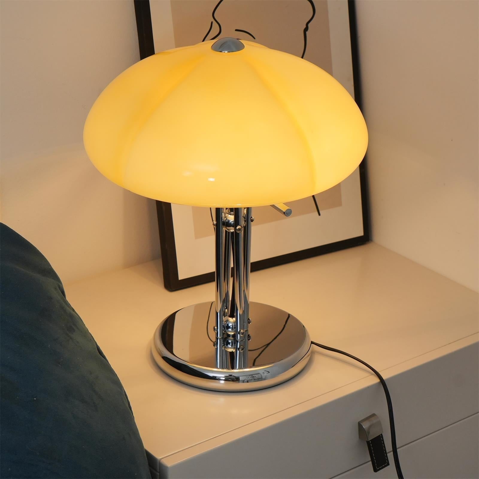 Mushroom Lamp For Tabletop In Bauhaus Style With Amber Glass Shade