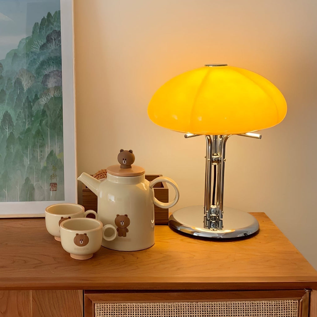 Mushroom Lamp For Tabletop In Bauhaus Style With Amber Glass Shade