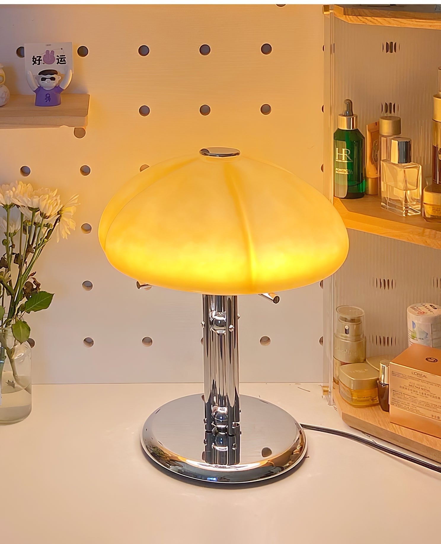 Mushroom Lamp For Tabletop In Bauhaus Style With Amber Glass Shade