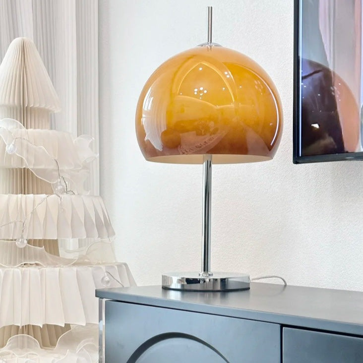 Mushroom Lamp For Tabletop In Bauhaus Style With Amber Glass Shade