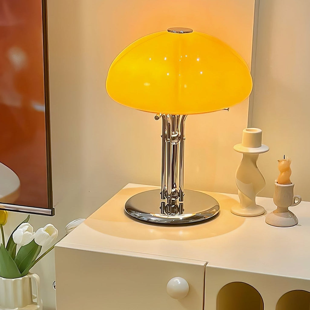 Mushroom Lamp For Tabletop In Bauhaus Style With Amber Glass Shade