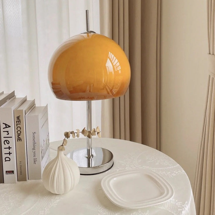 Mushroom Lamp For Tabletop In Bauhaus Style With Amber Glass Shade