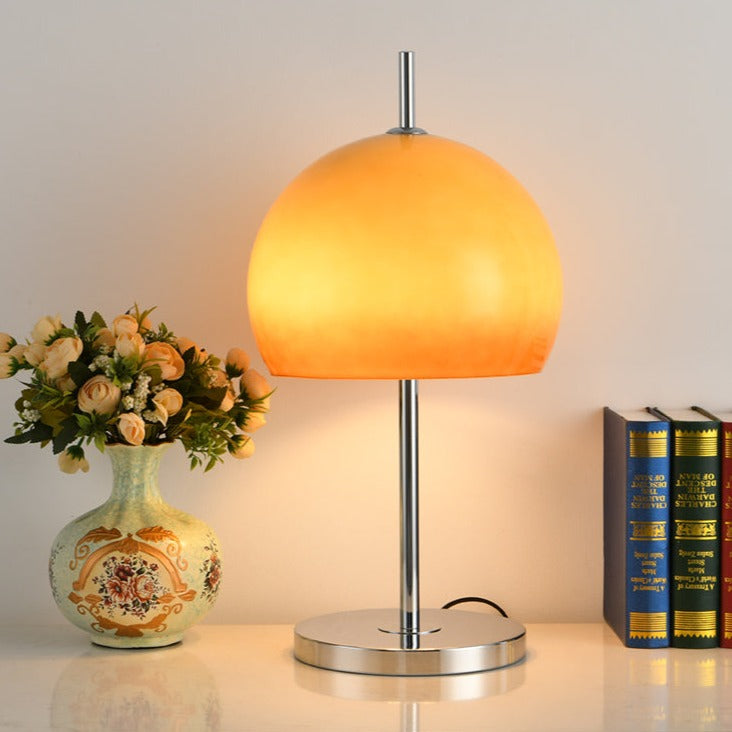 Mushroom Lamp For Tabletop In Bauhaus Style With Amber Glass Shade