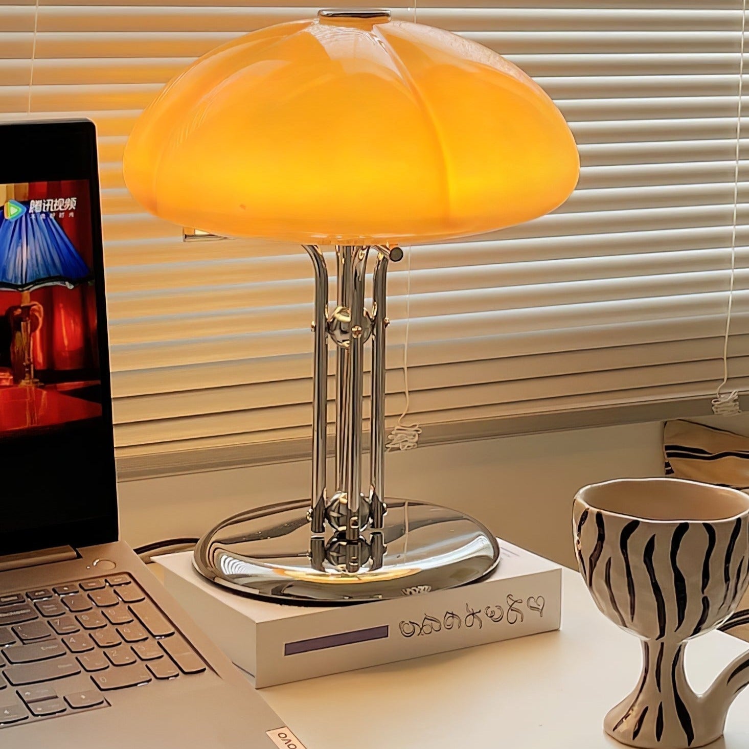 Mushroom Lamp For Tabletop In Bauhaus Style With Amber Glass Shade