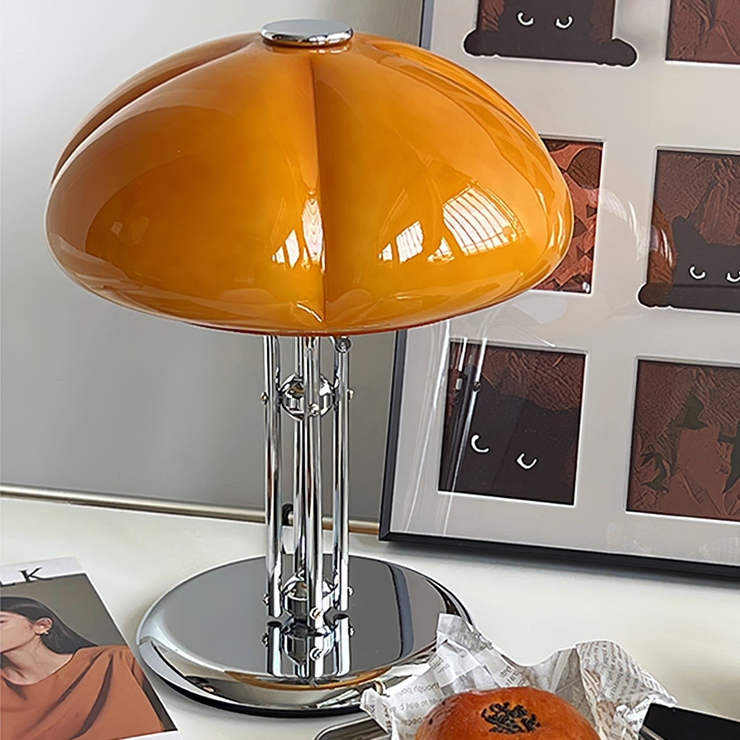 Mushroom Lamp For Tabletop In Bauhaus Style With Amber Glass Shade