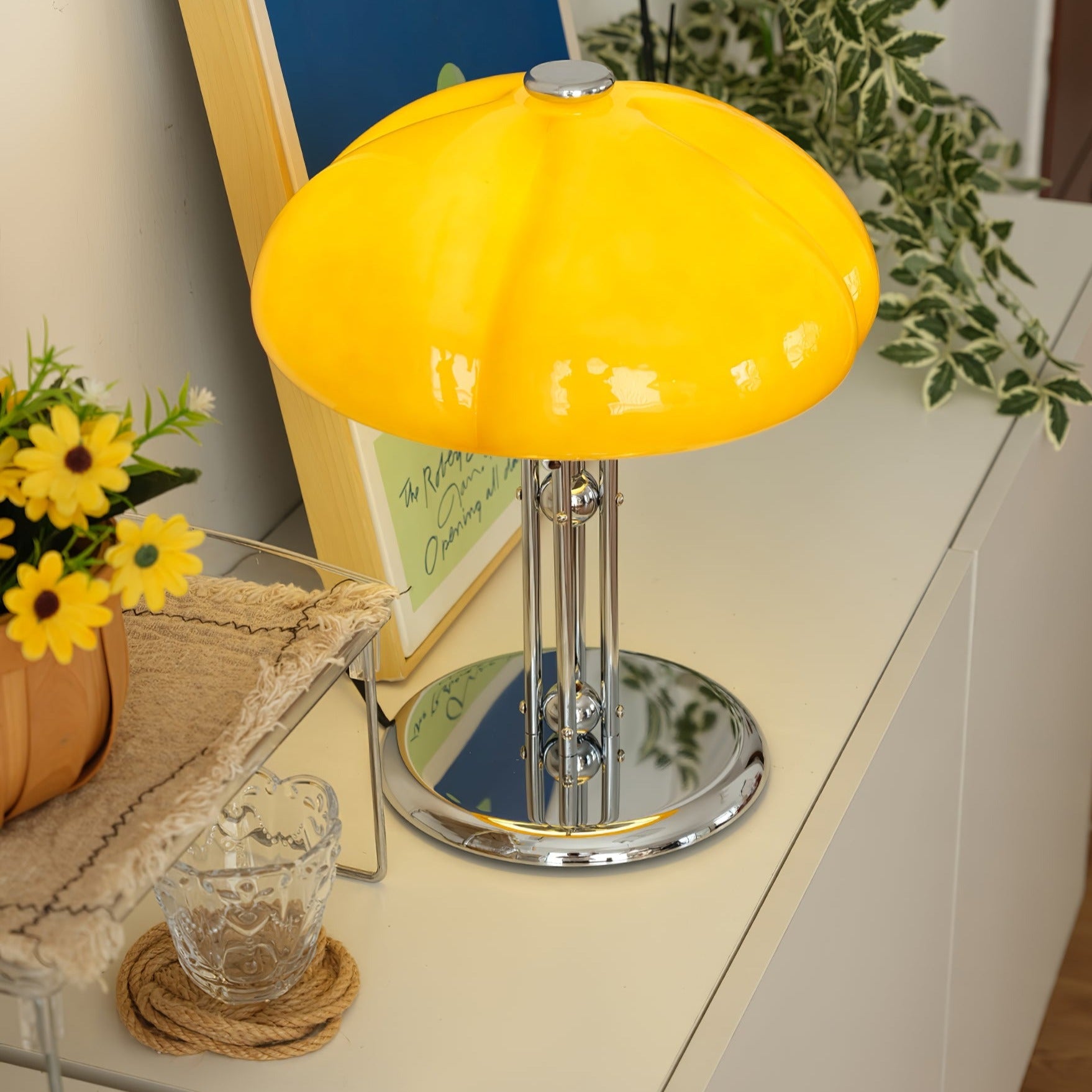 Mushroom Lamp For Tabletop In Bauhaus Style With Amber Glass Shade