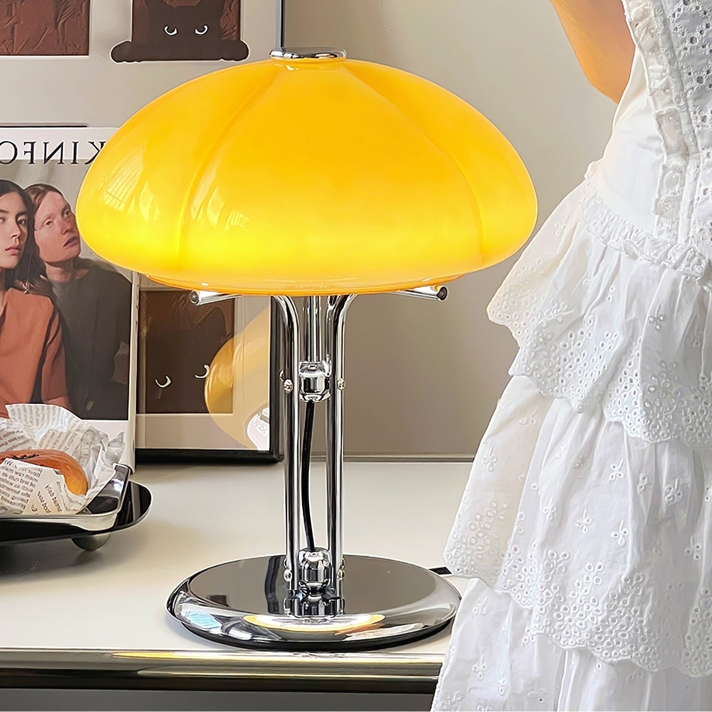 Mushroom Lamp For Tabletop In Bauhaus Style With Amber Glass Shade