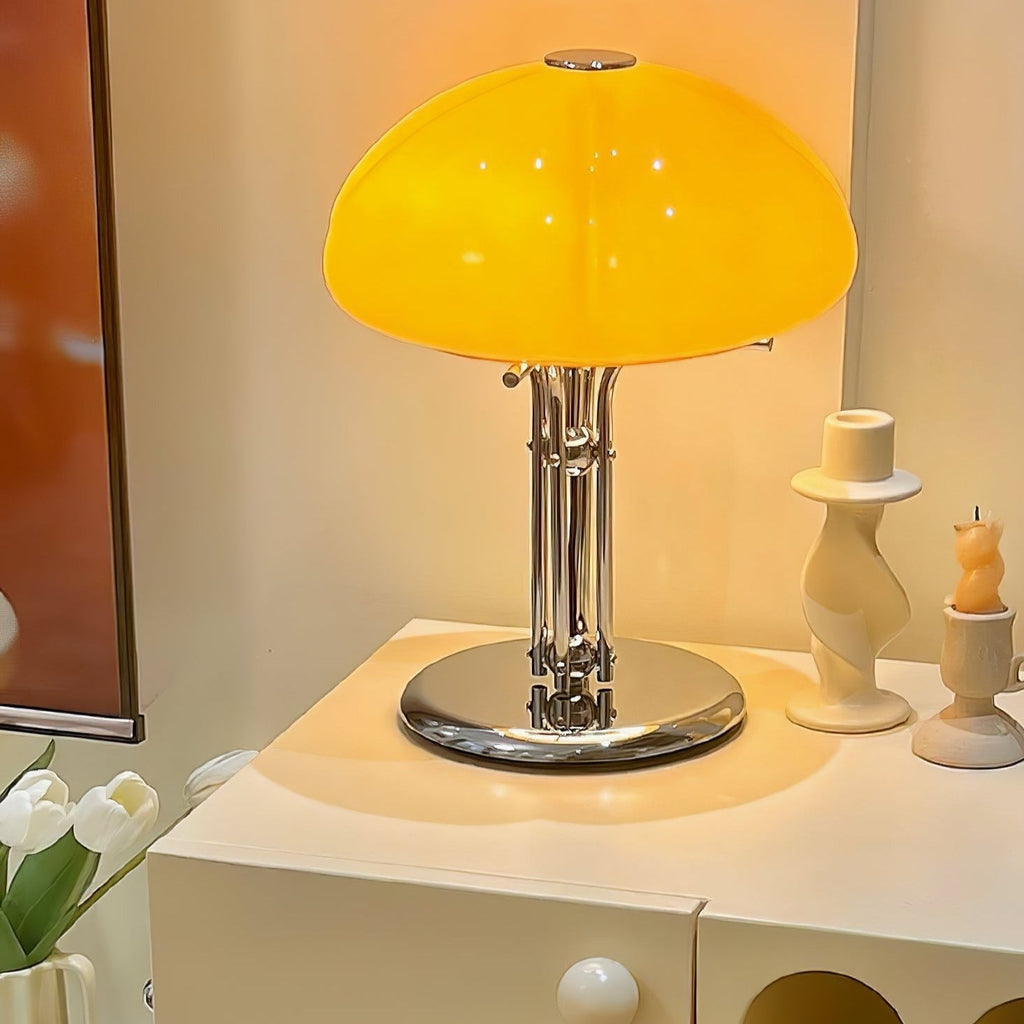 Mushroom Lamp For Tabletop In Bauhaus Style With Amber Glass Shade