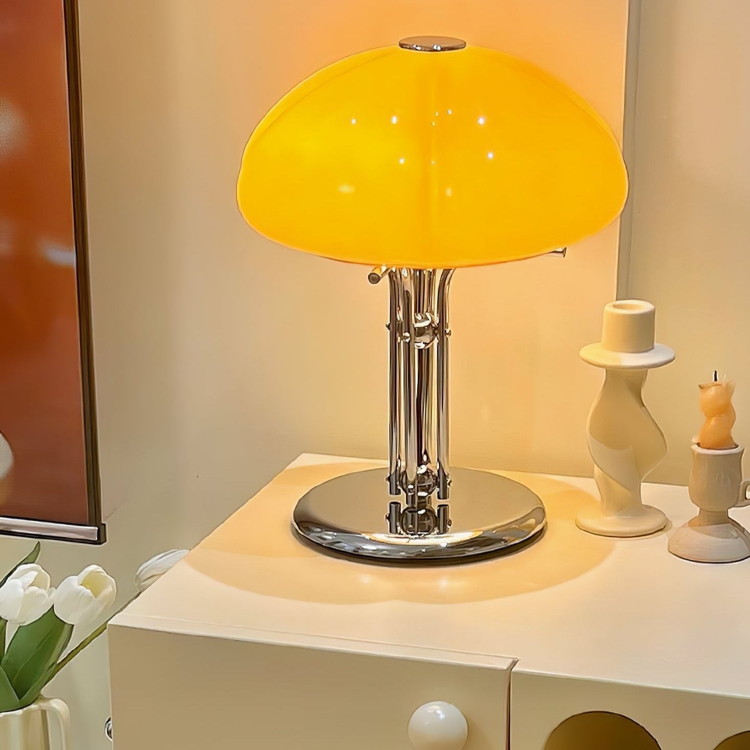 Mushroom Lamp For Tabletop In Bauhaus Style With Amber Glass Shade