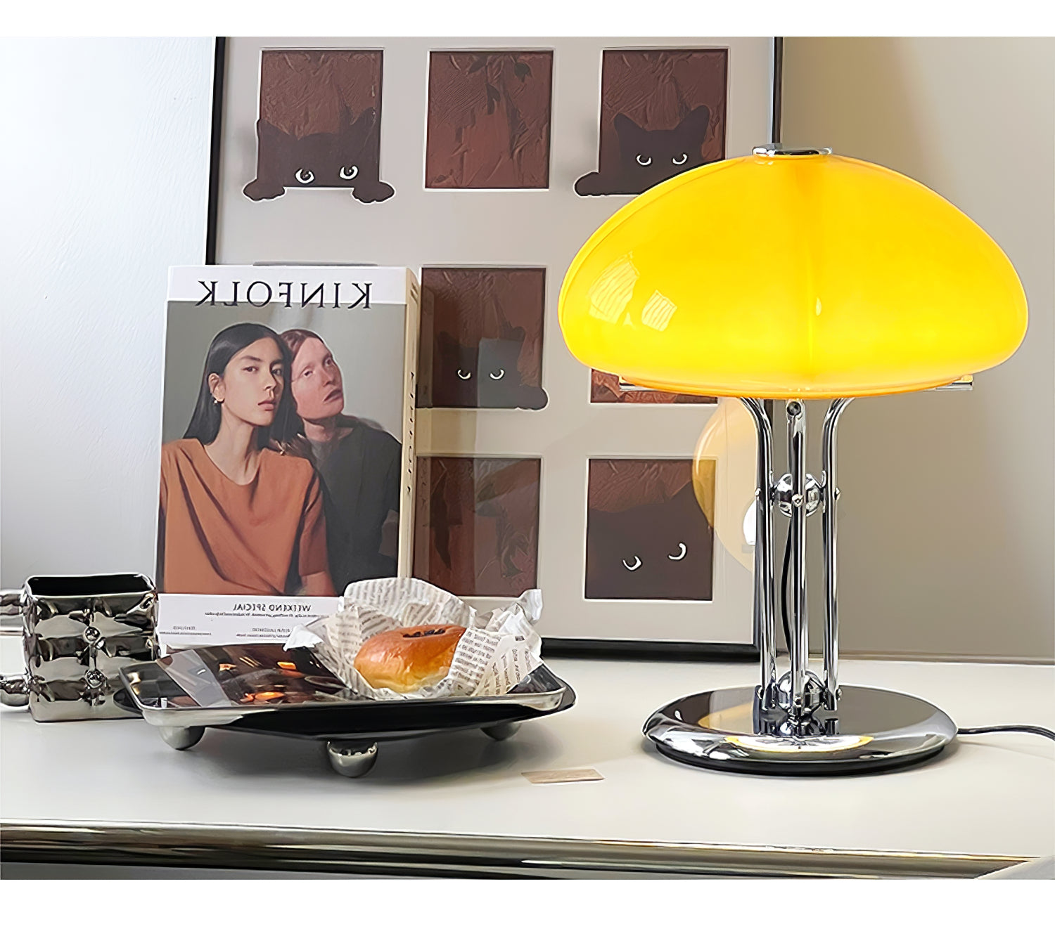 Mushroom Lamp For Tabletop In Bauhaus Style With Amber Glass Shade
