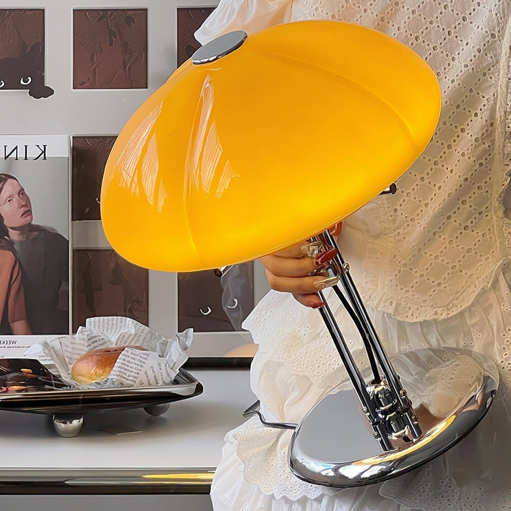 Mushroom Lamp For Tabletop In Bauhaus Style With Amber Glass Shade
