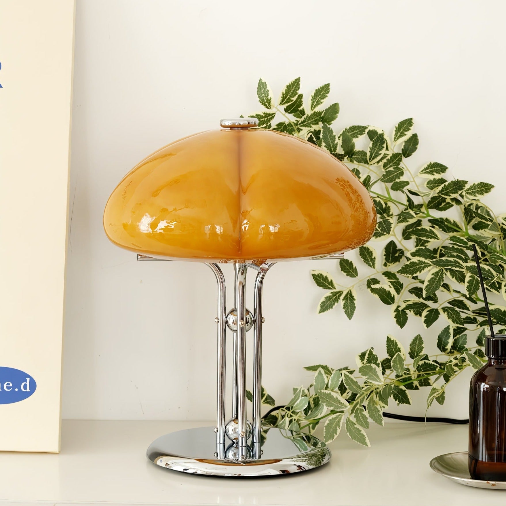Mushroom Lamp For Tabletop In Bauhaus Style With Amber Glass Shade