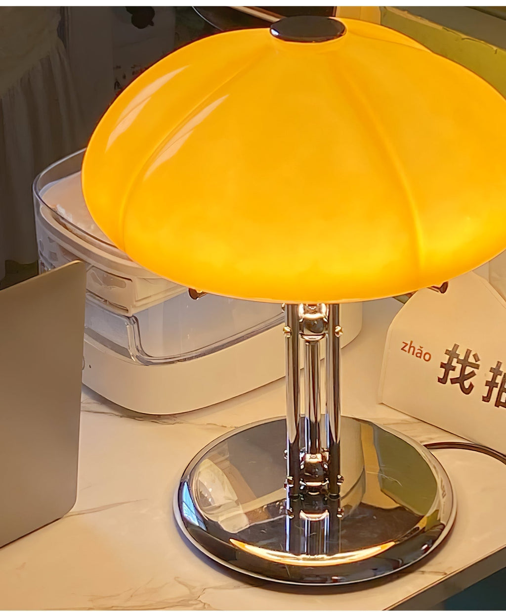 Mushroom Lamp For Tabletop In Bauhaus Style With Amber Glass Shade