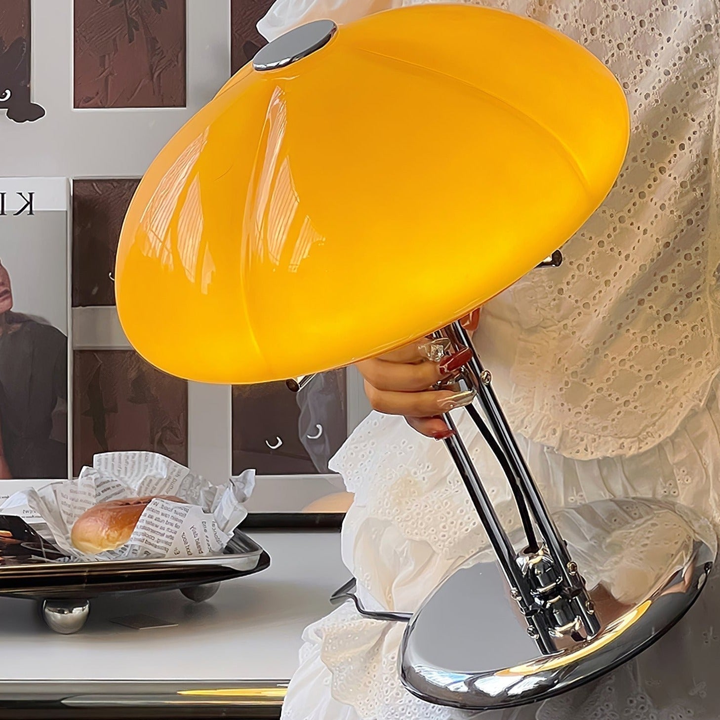 Mushroom Lamp For Tabletop In Bauhaus Style With Amber Glass Shade