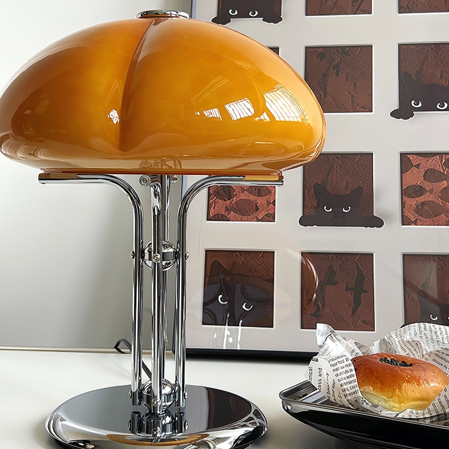 Mushroom Lamp For Tabletop In Bauhaus Style With Amber Glass Shade