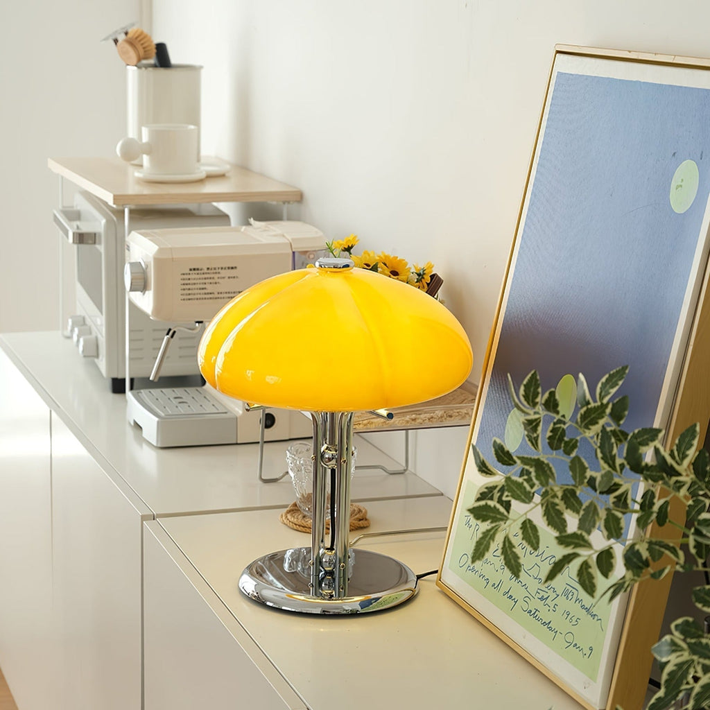 Mushroom Lamp For Tabletop In Bauhaus Style With Amber Glass Shade