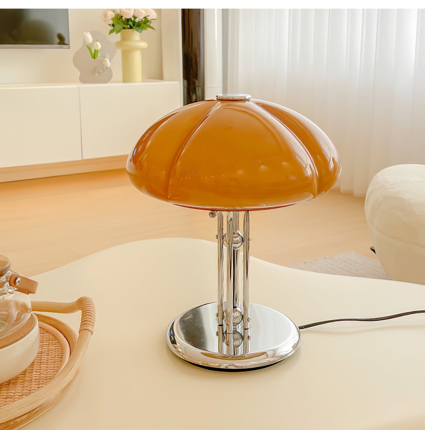 Mushroom Lamp For Tabletop In Bauhaus Style With Amber Glass Shade