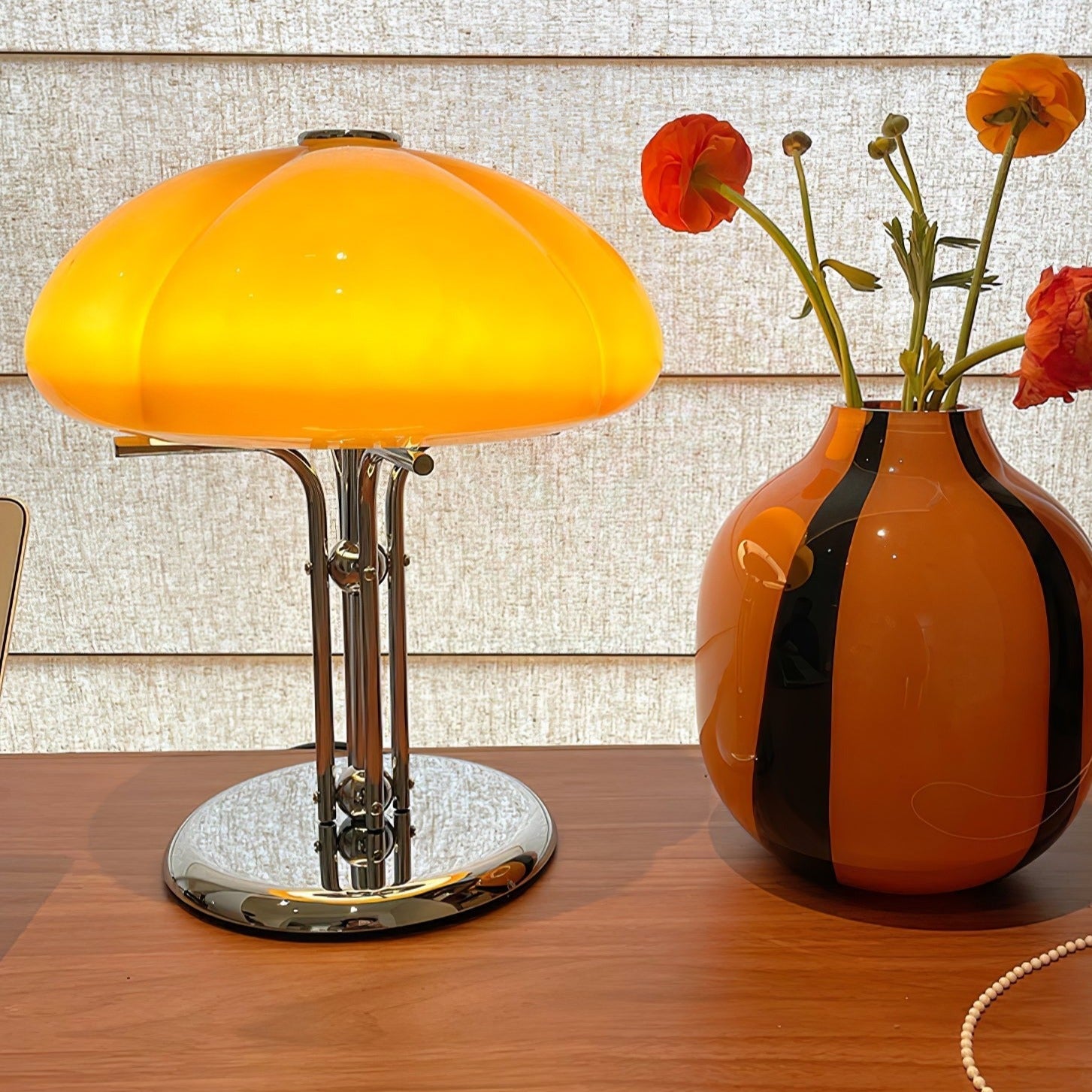 Mushroom Lamp For Tabletop In Bauhaus Style With Amber Glass Shade