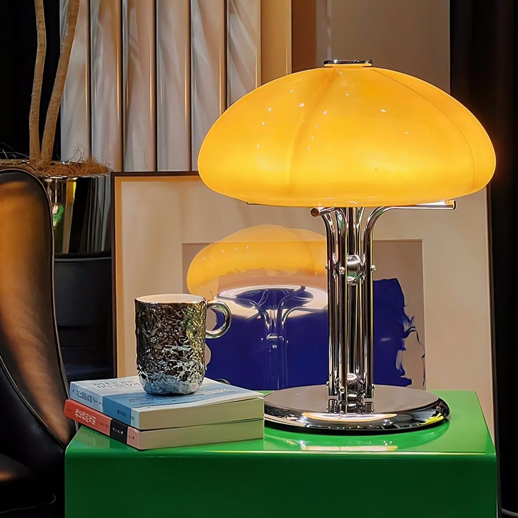 Mushroom Lamp For Tabletop In Bauhaus Style With Amber Glass Shade