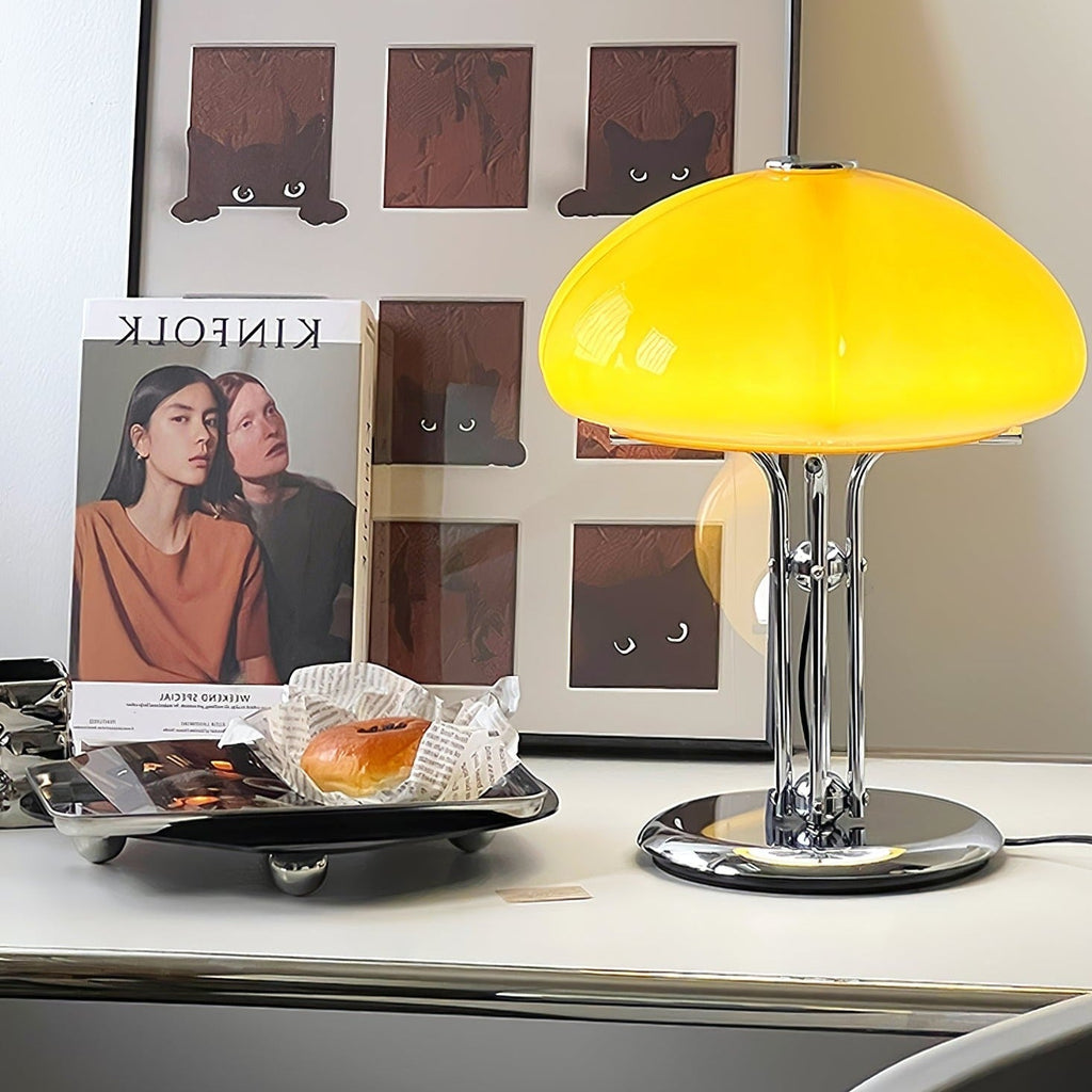 Mushroom Lamp For Tabletop In Bauhaus Style With Amber Glass Shade