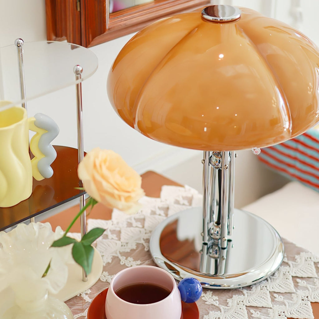 Mushroom Lamp For Tabletop In Bauhaus Style With Amber Glass Shade