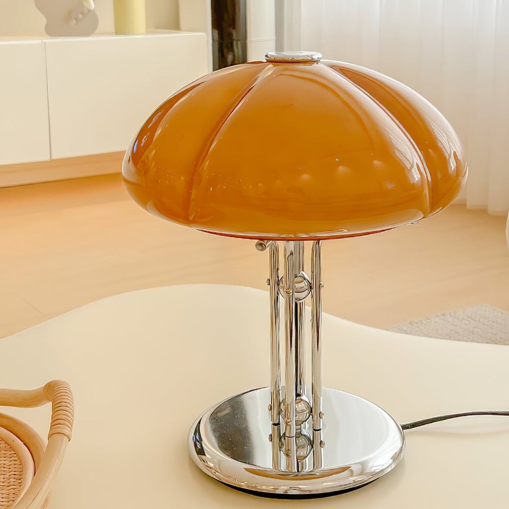 Mushroom Lamp For Tabletop In Bauhaus Style With Amber Glass Shade